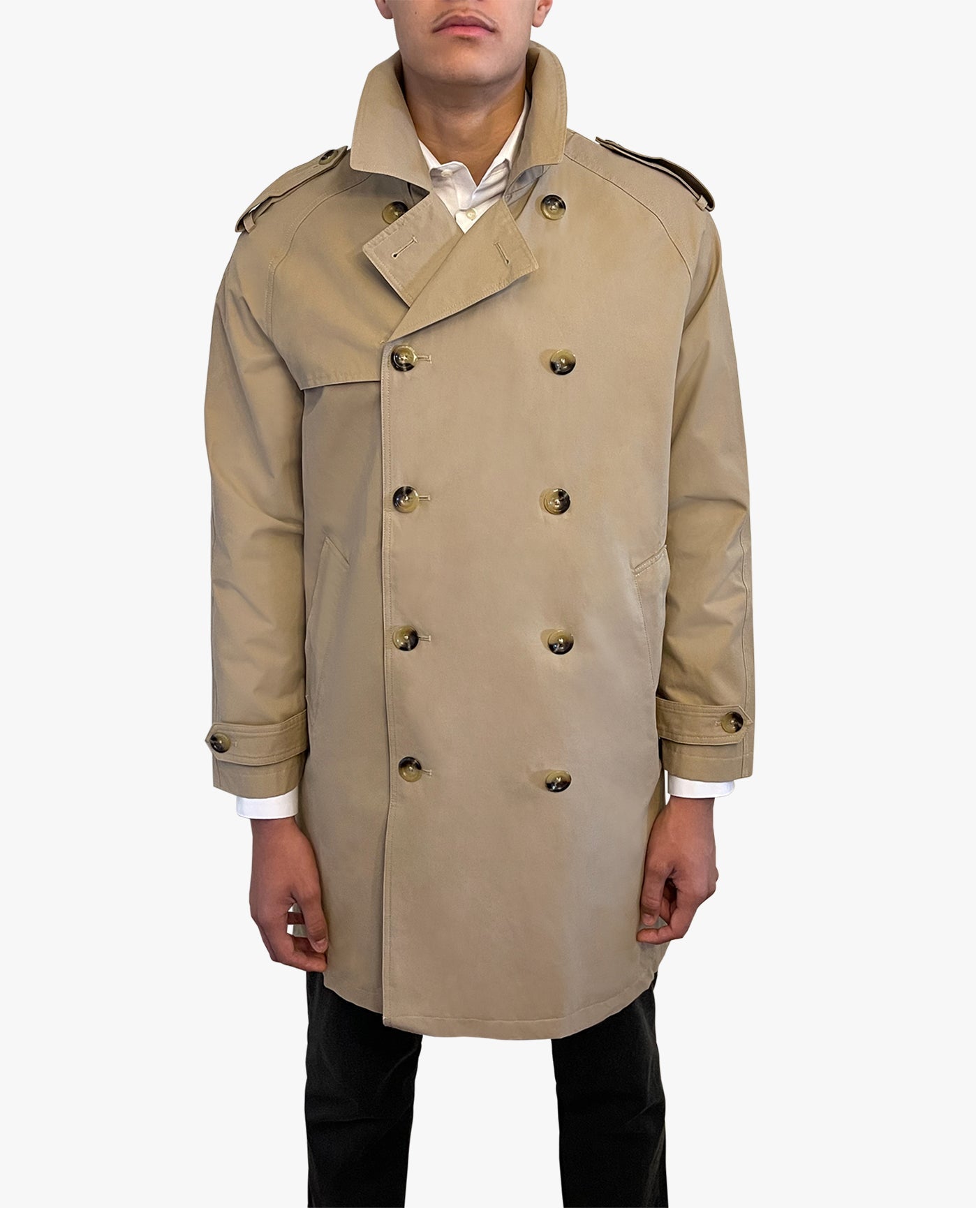 FRONT VIEW OF WESTWOOD DOUBLE BREASTED TRENCH COAT | KHAKI