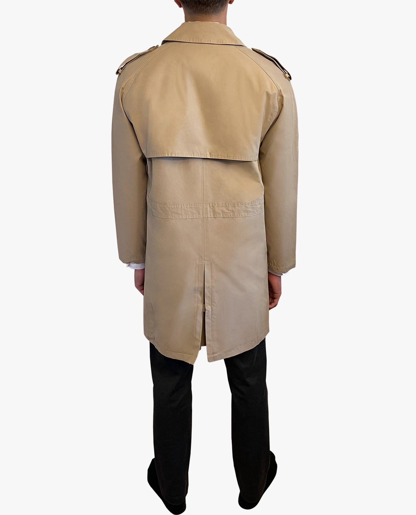 BACK VIEW OF WESTWOOD DOUBLE BREASTED TRENCH COAT | KHAKI