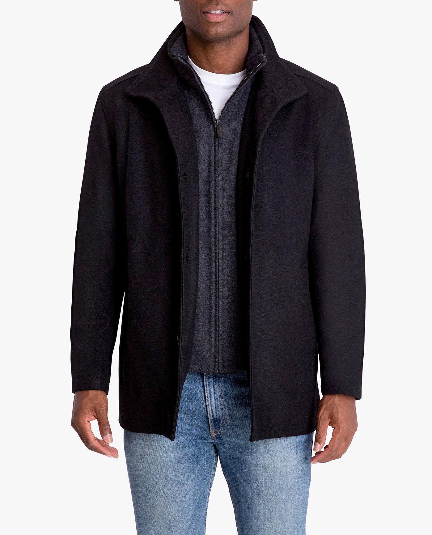 FRONT VIEW OF AMHERST BUTTON FRONT WOOL JACKET | BLACK