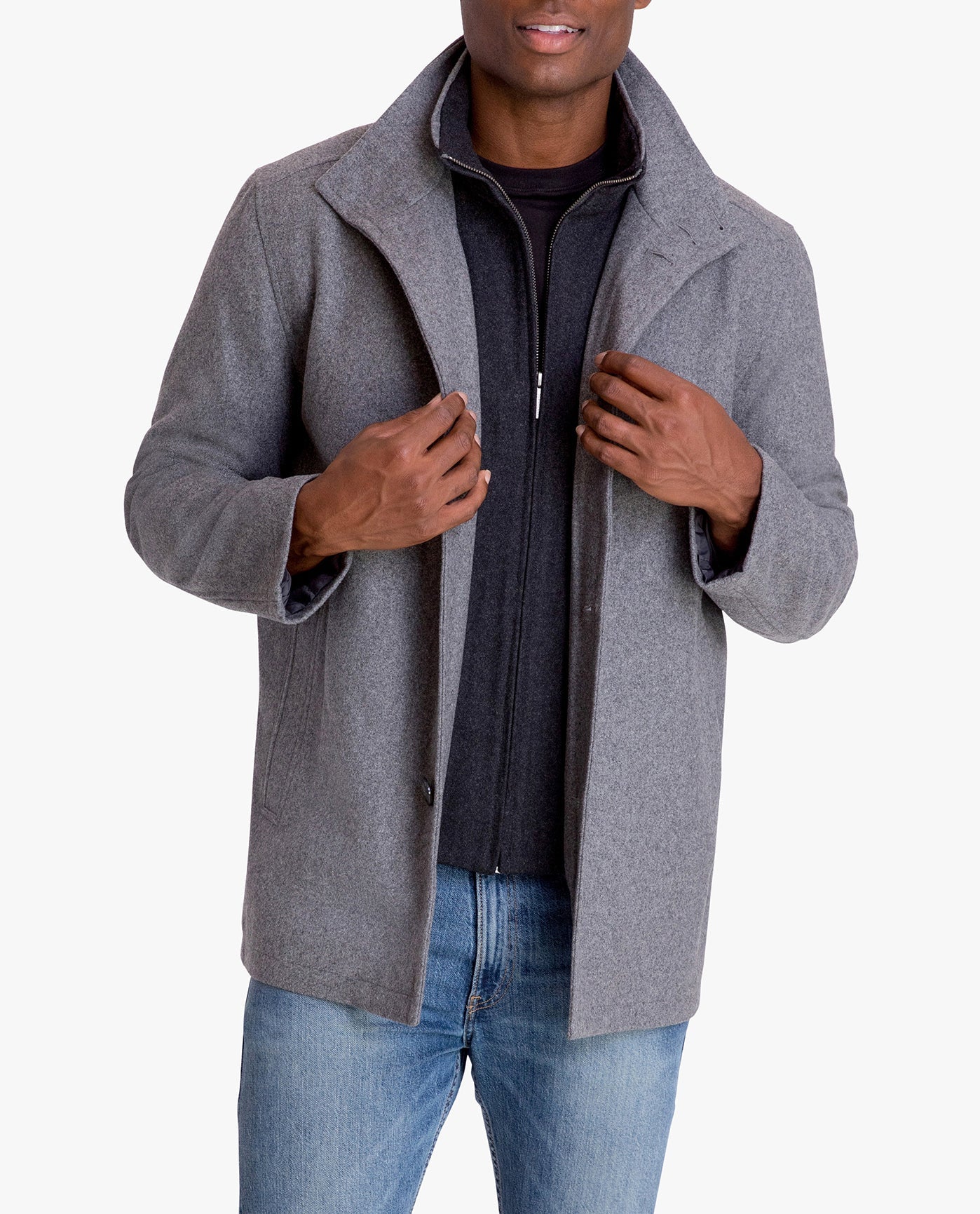 SIDE VIEW OF AMHERST BUTTON FRONT WOOL JACKET | MEDIUM GREY
