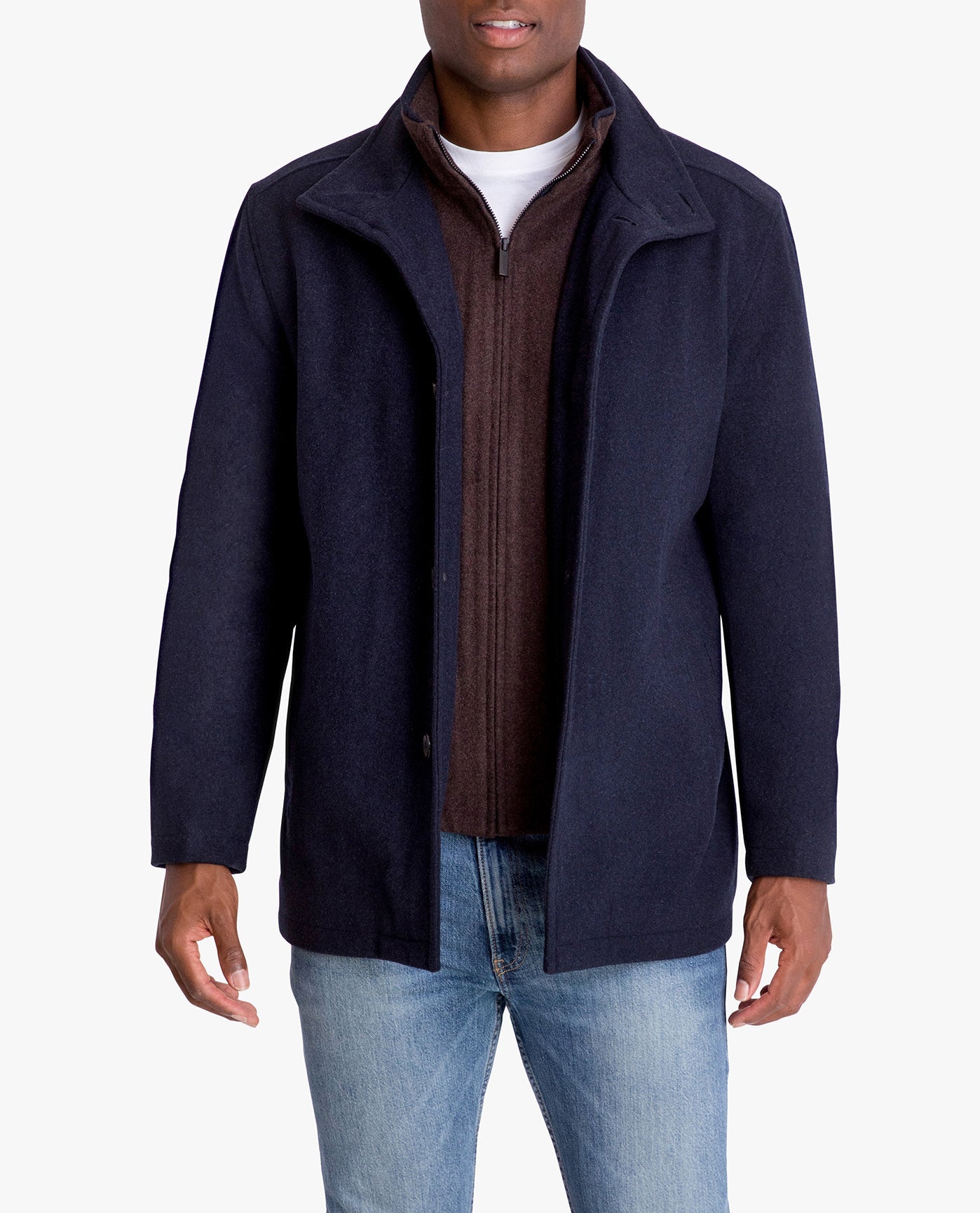 FRONT VIEW OF AMHERST BUTTON FRONT WOOL JACKET | NAVY HEATHER
