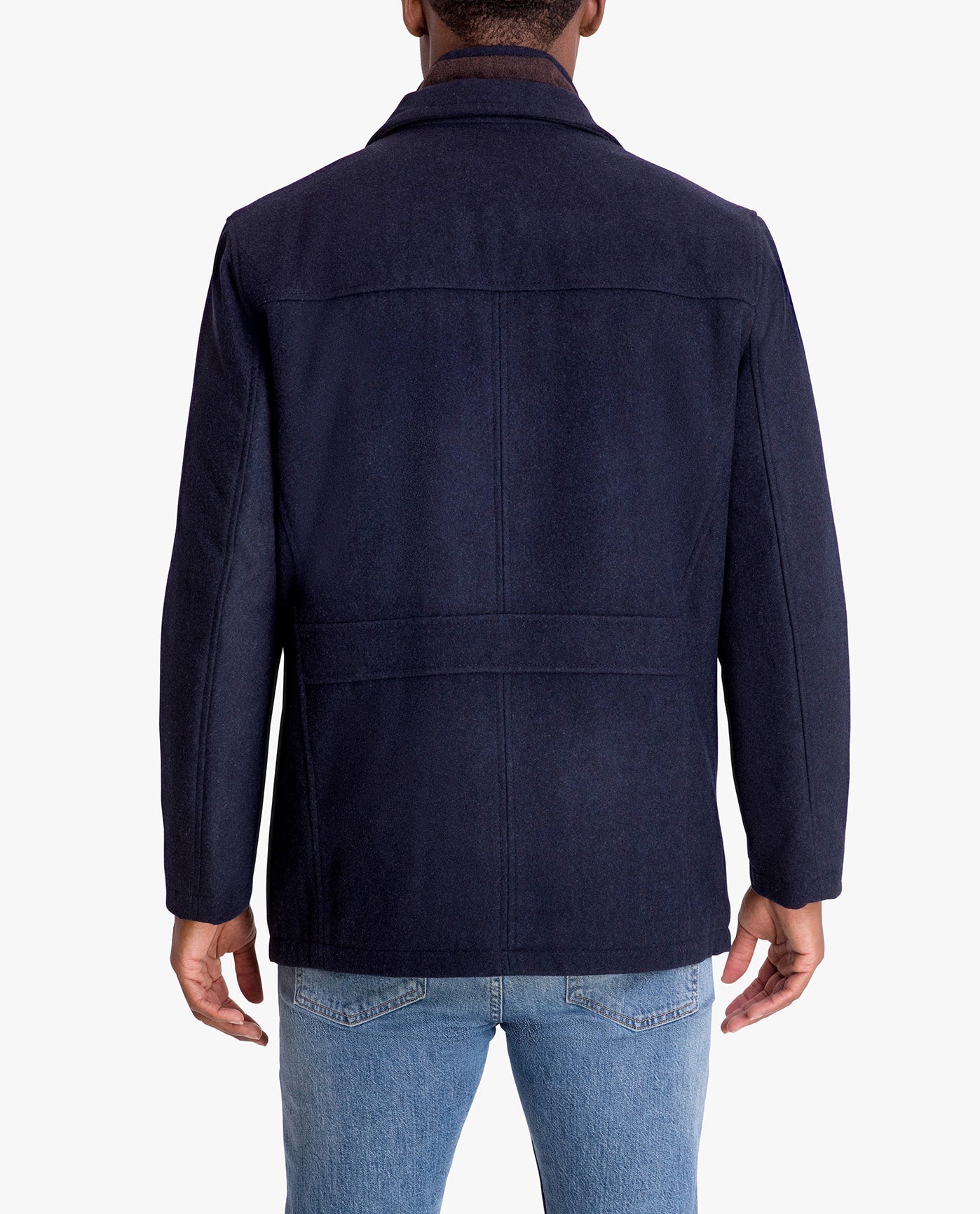 BACK VIEW OF AMHERST BUTTON FRONT WOOL JACKET | NAVY HEATHER