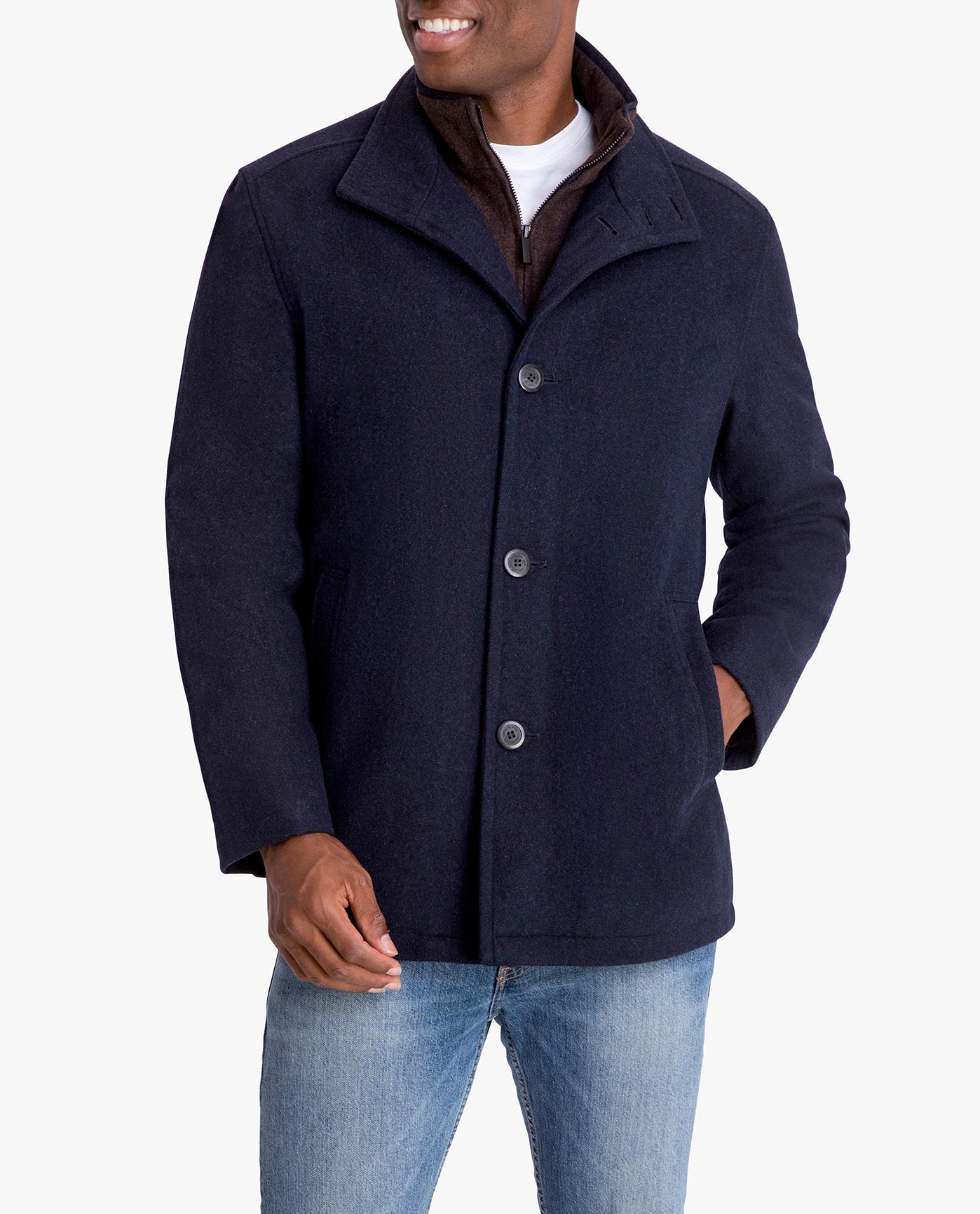 SIDE VIEW OF AMHERST BUTTON FRONT WOOL JACKET | NAVY HEATHER