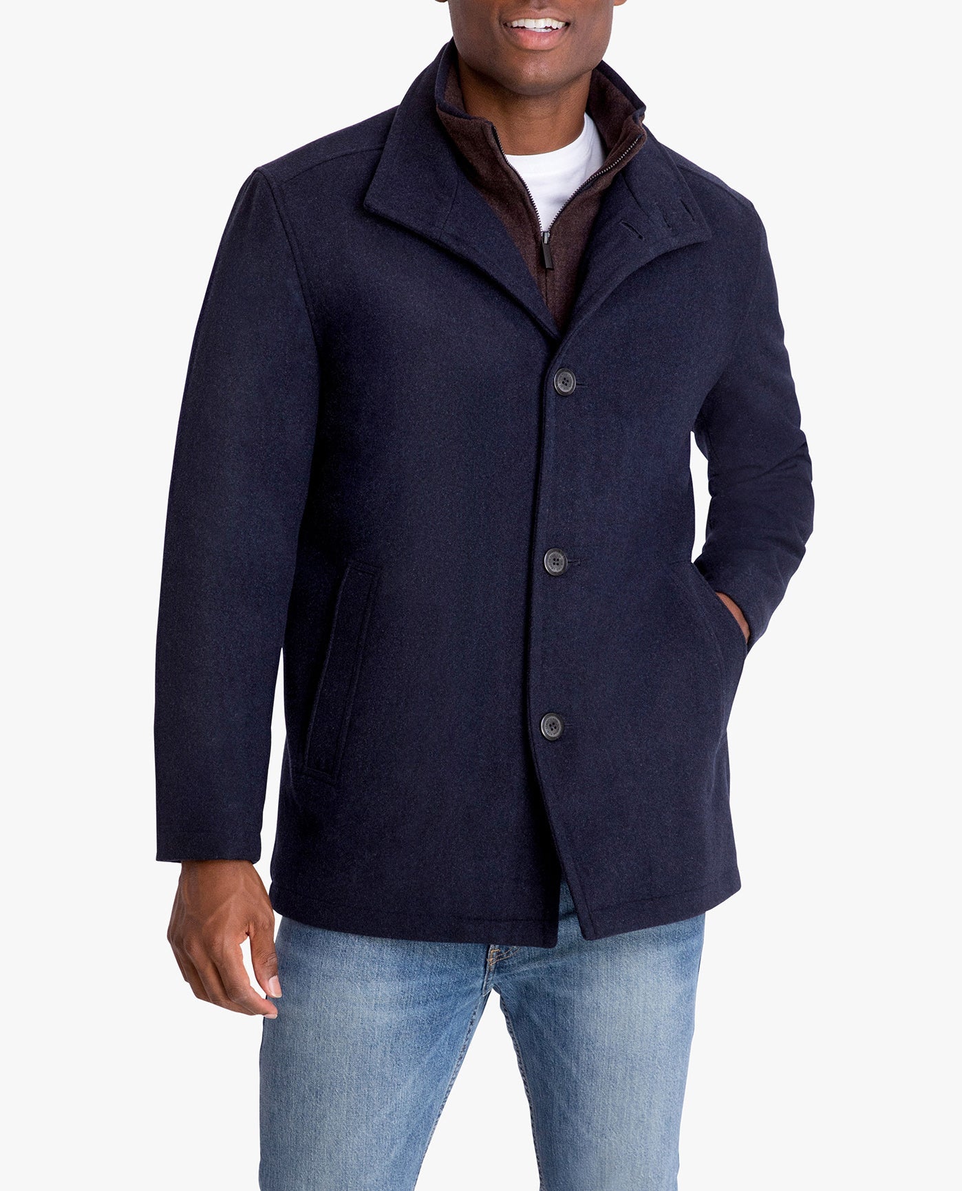 DETAIL VIEW OF AMHERST BUTTON FRONT WOOL JACKET | NAVY HEATHER