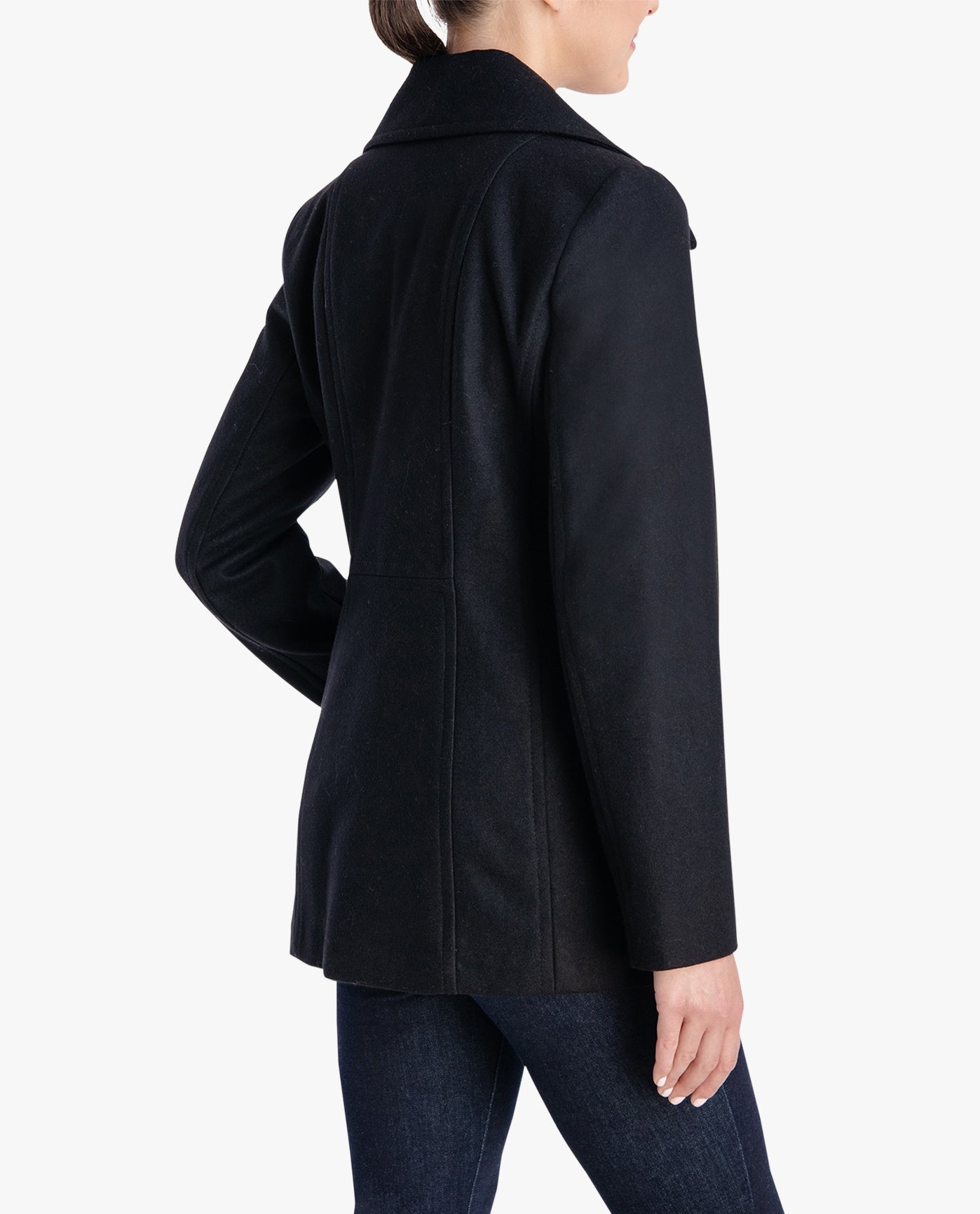 Back View Of DOUBLE BREASTED PEACOAT WITH SCARF | BLACK
