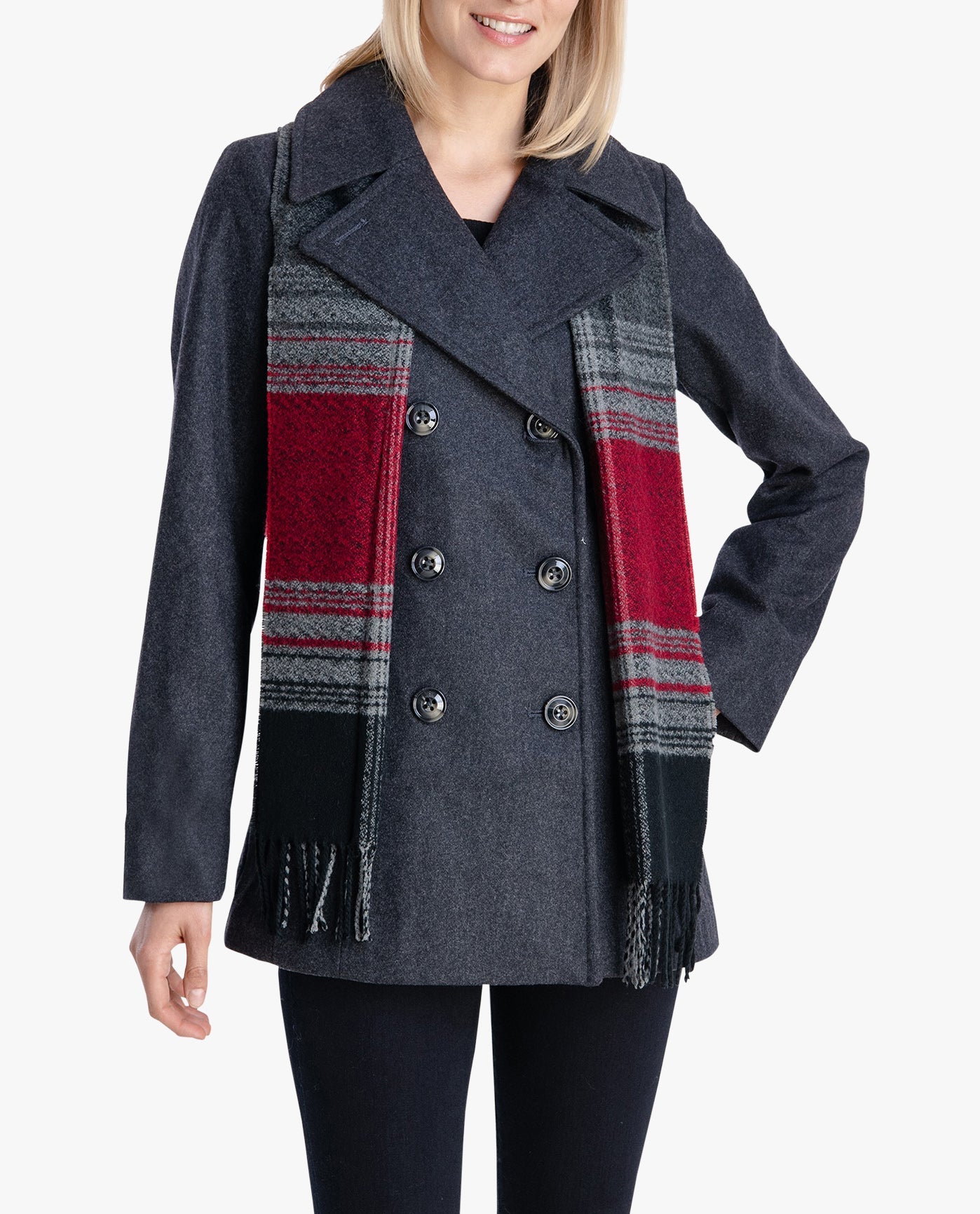 Front View Of DOUBLE BREASTED PEACOAT WITH SCARF | CHARCOAL