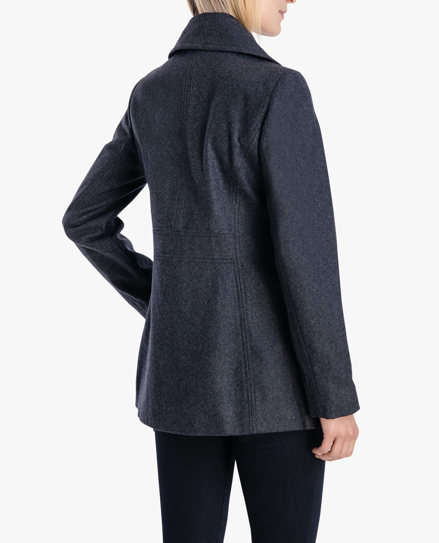 Back View Of DOUBLE BREASTED PEACOAT WITH SCARF | CHARCOAL