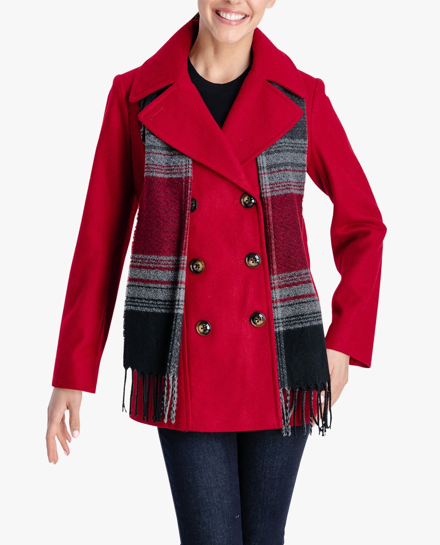 Front View Of DOUBLE BREASTED PEACOAT WITH SCARF | RED