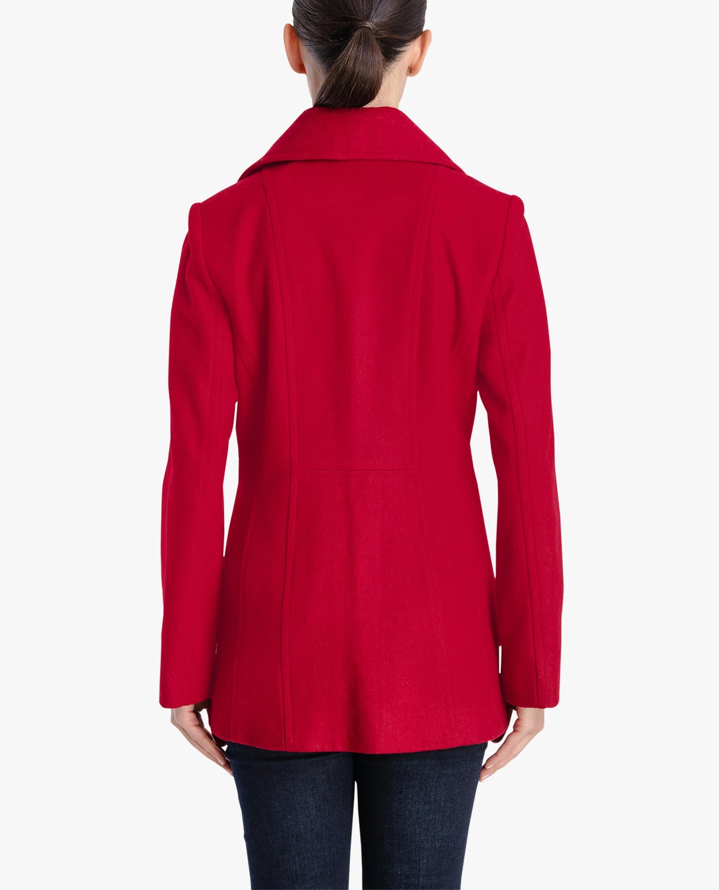 Back View Of DOUBLE BREASTED PEACOAT WITH SCARF | RED