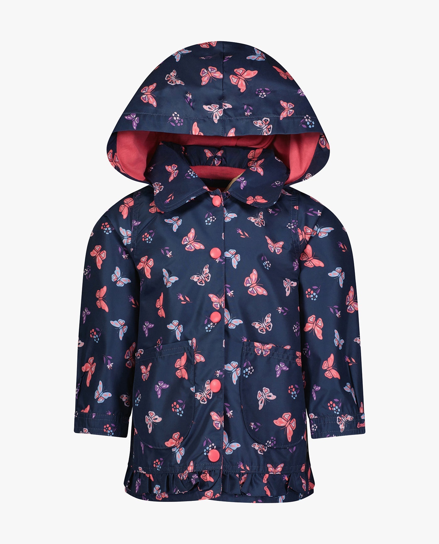 FRONT OF TODDLER GIRLS PRINTED COLLARED SNAP FRONT RAINCOAT WITH HOOD | NAVY