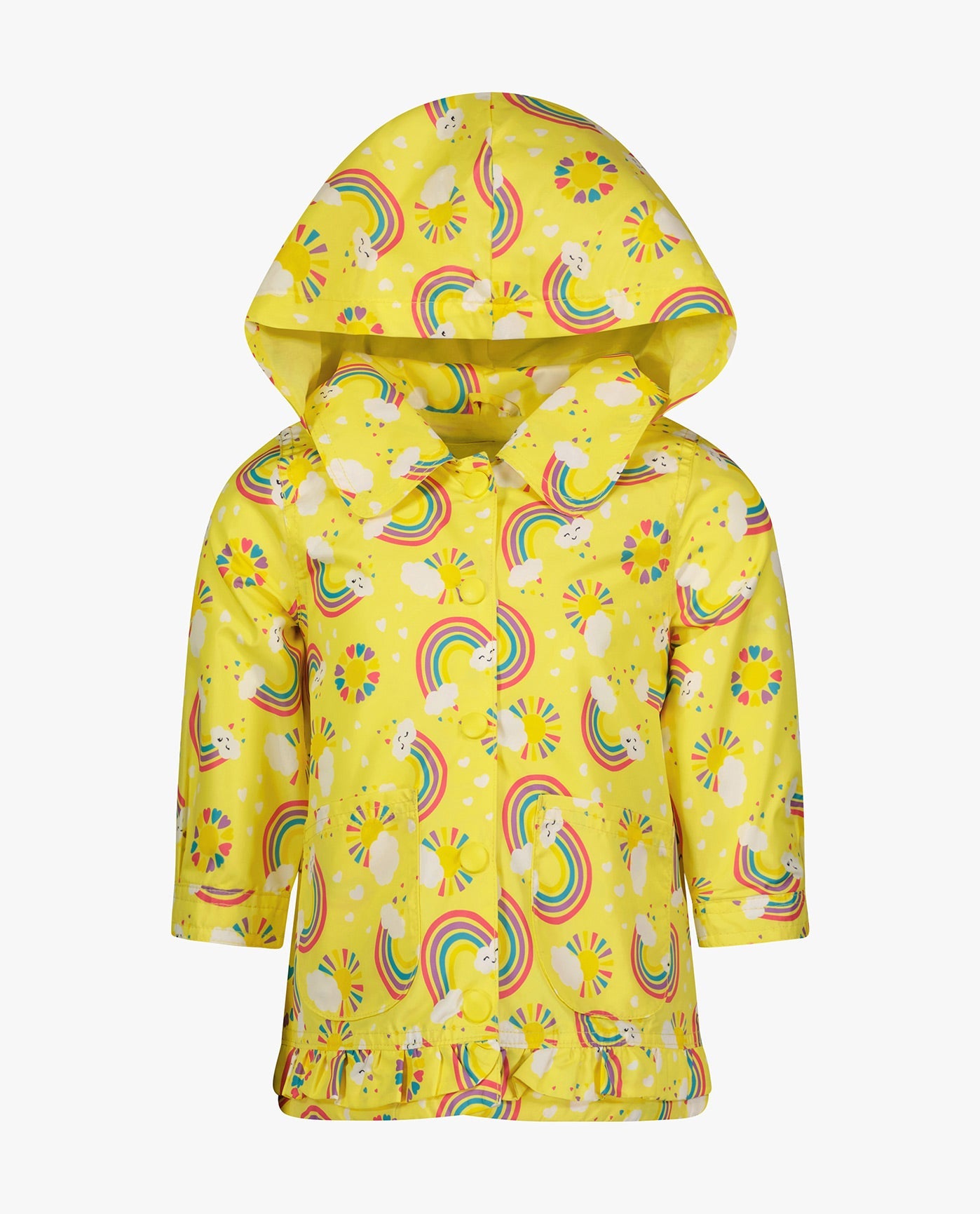 FRONT OF TODDLER GIRLS PRINTED COLLARED SNAP FRONT RAINCOAT WITH HOOD | YELLOW