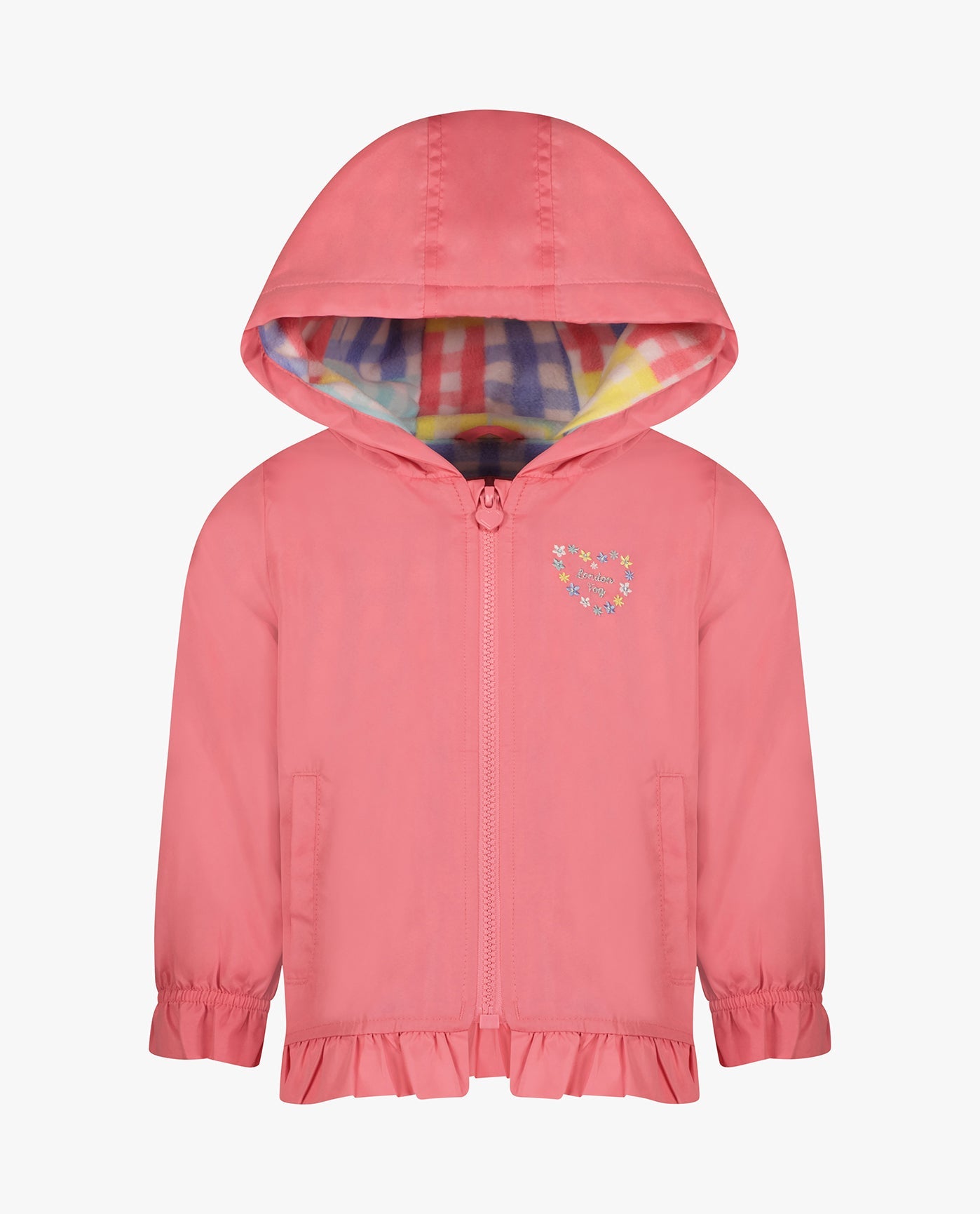 FRONT OF TODDLER GIRLS SOLID ZIP FRONT HOODED RUFFLE RAINCOAT | PINK