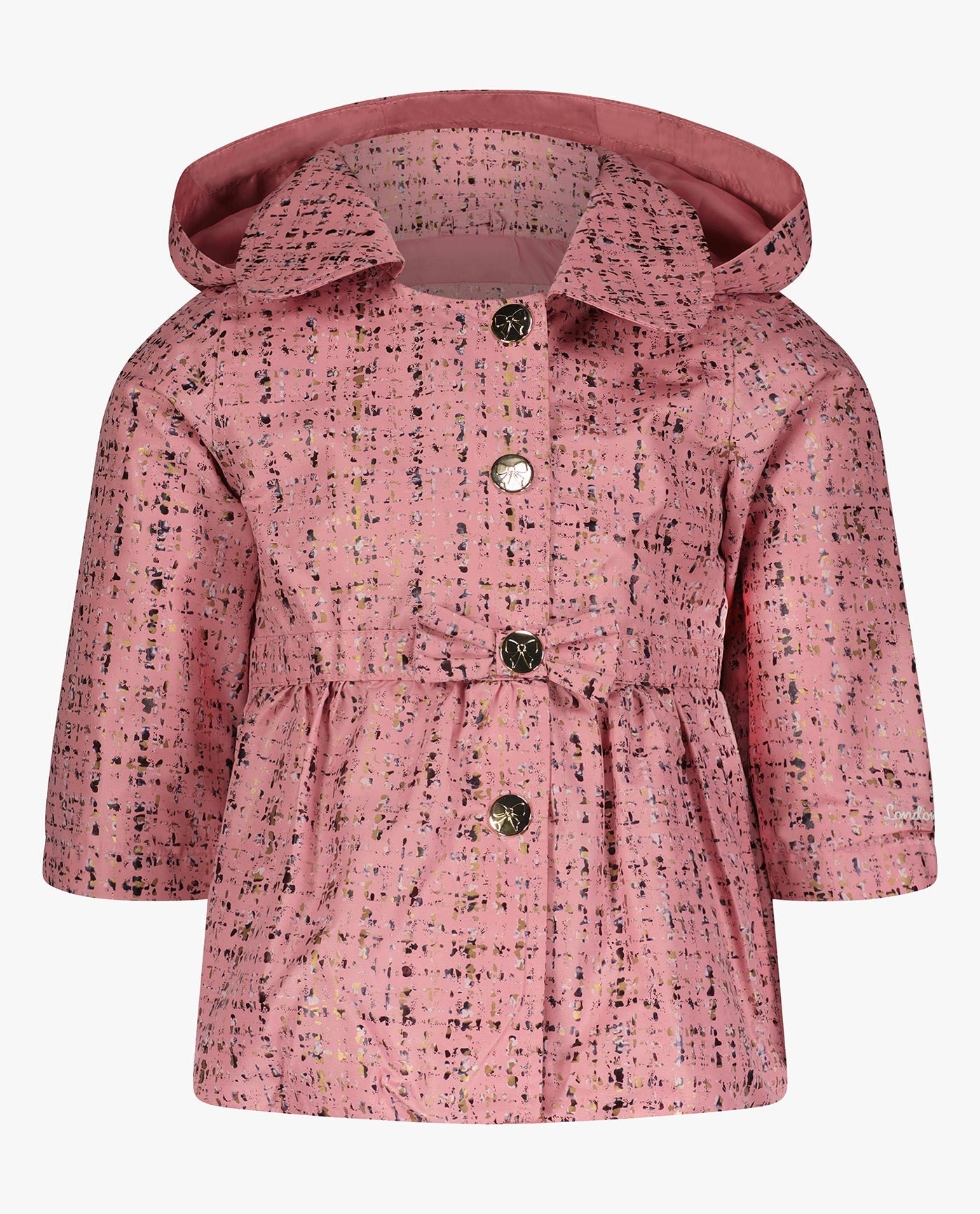 FRONT OF TODDLER GIRLS PRINTED SNAP FRONT COLLARED HOODED RAINCOAT WITH BOW | PINK TWEED