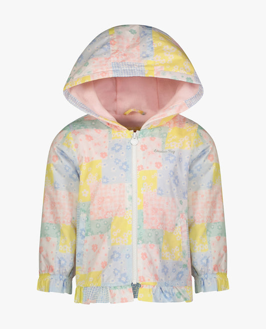 FRONT OF TODDLER GIRLS PRINTED ZIP FRONT HOODED RUFFLE RAINCOAT | PRINT