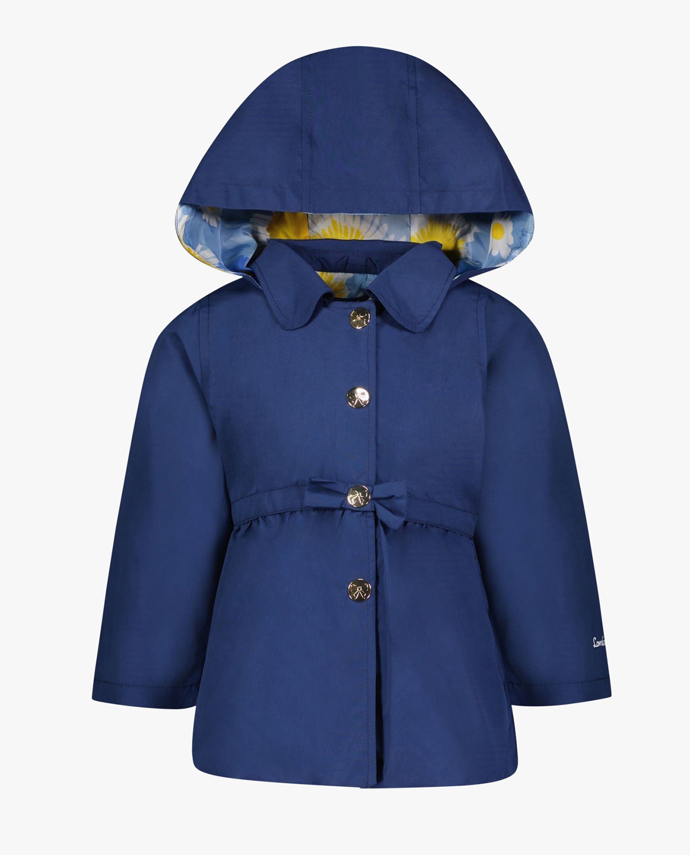 FRONT OF TODDLER GIRLS SOLID SNAP FRONT COLLARED HOODED RAINCOAT WITH BOW | NAVY