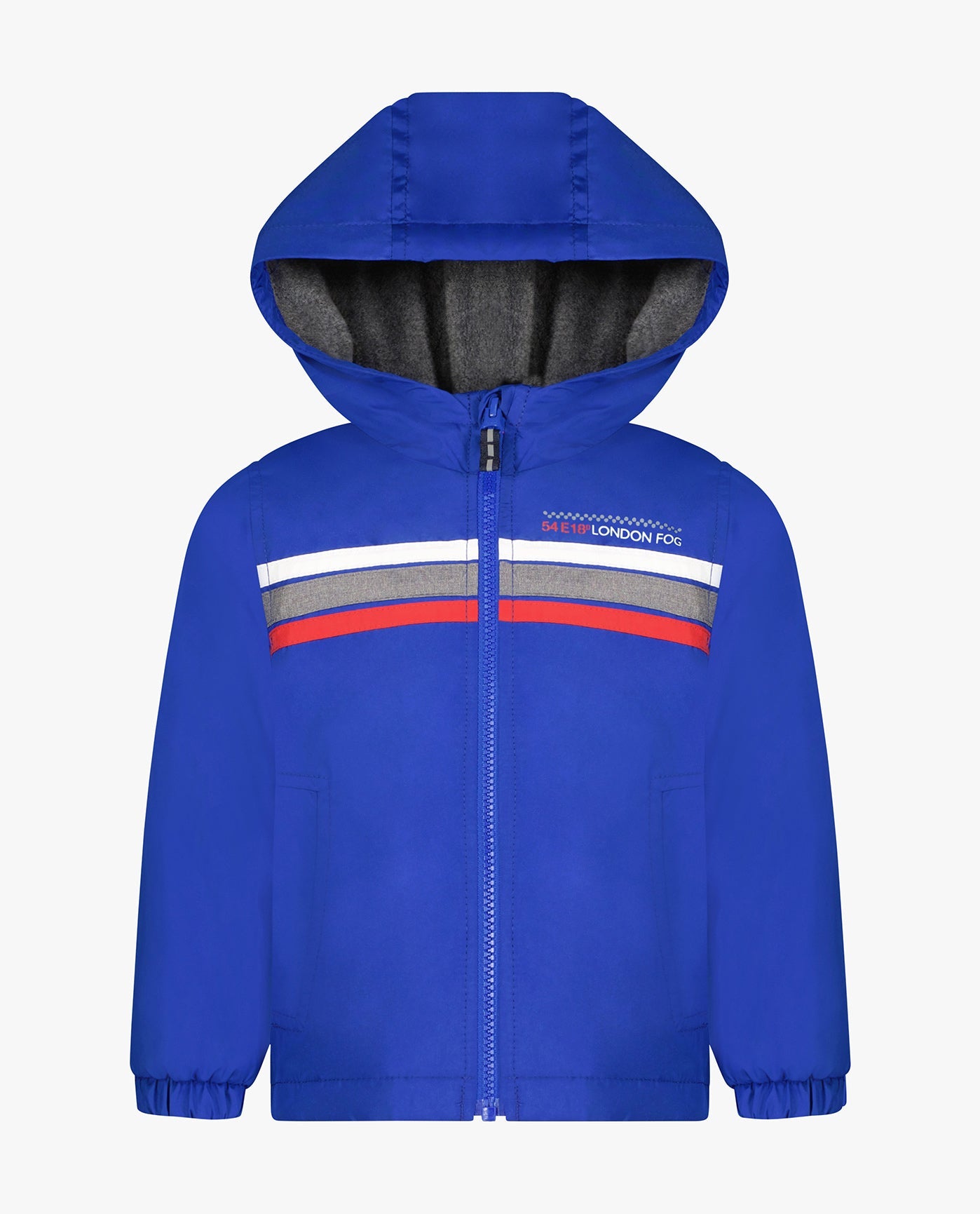 FRONT OF TODDLER BOYS ZIP FRONT HOODED SPORTY STRIPE RAINCOAT | BLUE