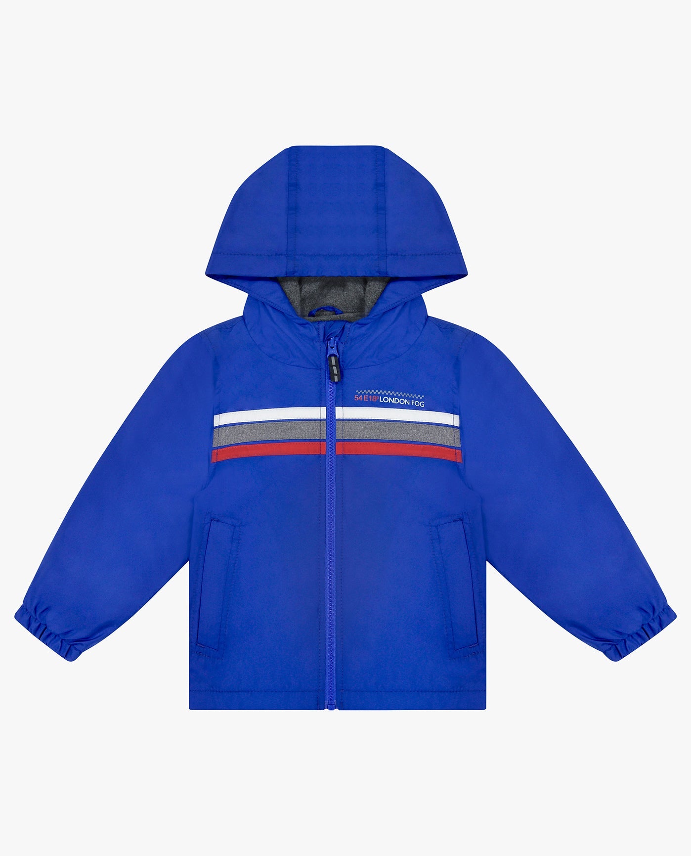 ALT VIEW OF TODDLER BOYS ZIP FRONT HOODED SPORTY STRIPE RAINCOAT | BLUE