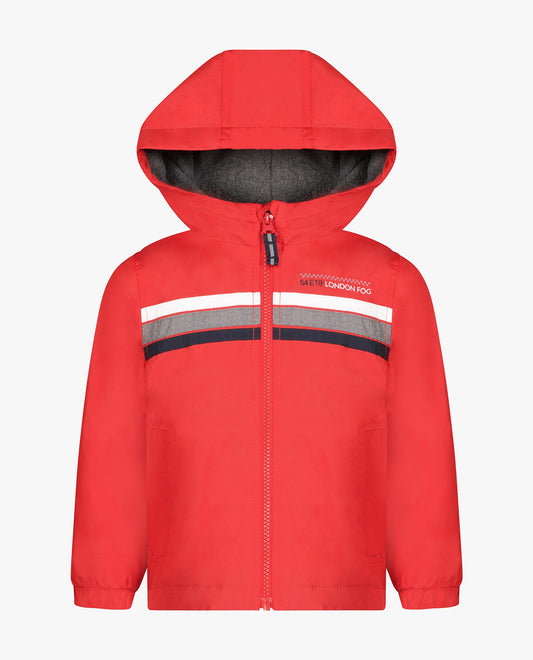 FRONT OF TODDLER BOYS ZIP FRONT HOODED SPORTY STRIPE RAINCOAT | RED