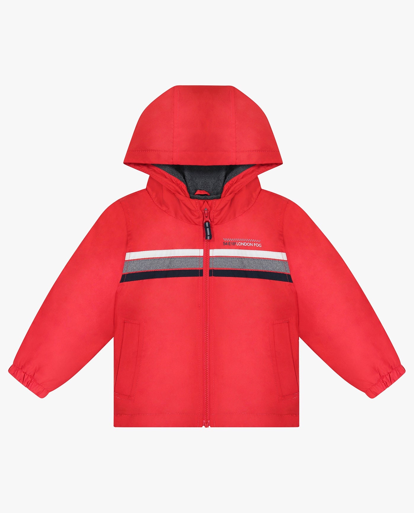 ALT VIEW OF TODDLER BOYS ZIP FRONT HOODED SPORTY STRIPE RAINCOAT | RED