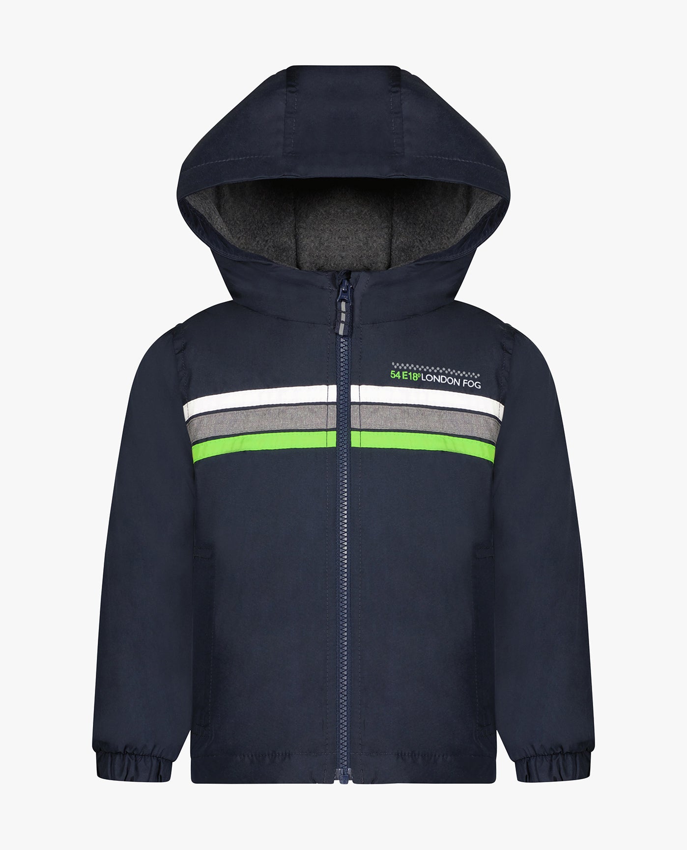 FRONT OF TODDLER BOYS ZIP FRONT HOODED SPORTY STRIPE RAINCOAT | NAVY