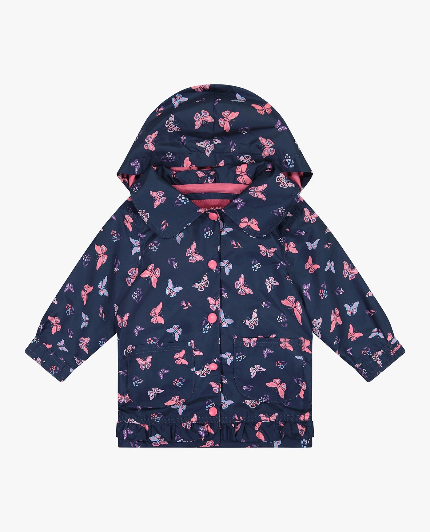 ALT VIEW OF GIRLS PRINTED COLLARED SNAP FRONT RAINCOAT WITH HOOD | NAVY