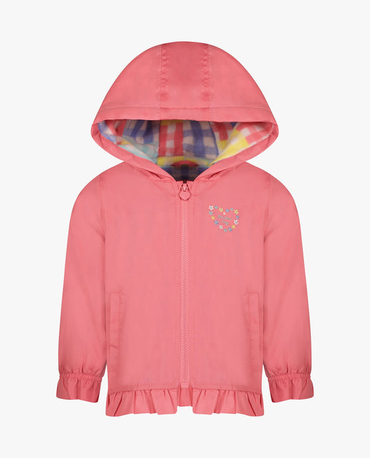 FRONT OF GIRLS SOLID ZIP FRONT HOODED RUFFLE RAINCOAT | PINK