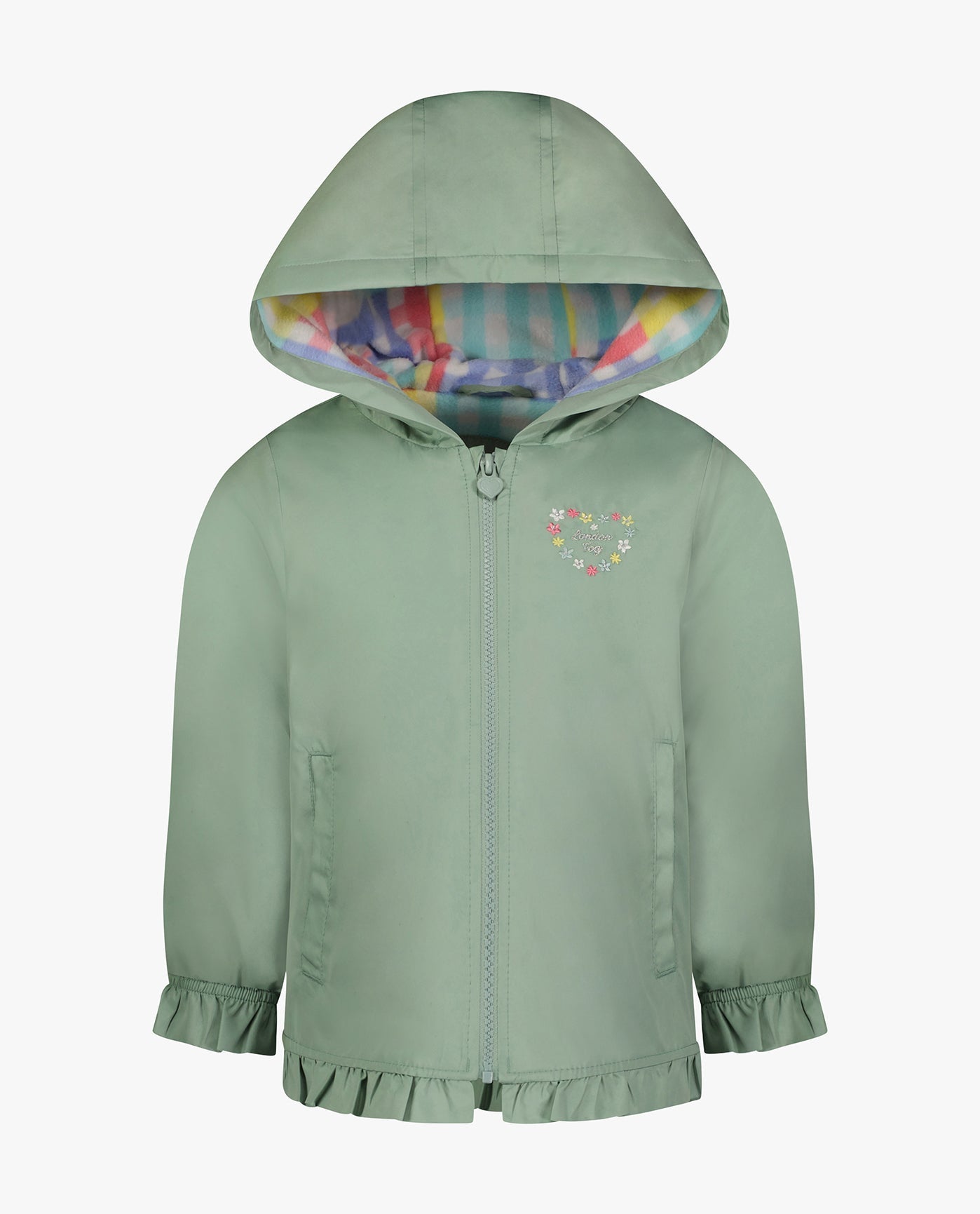 FRONT OF GIRLS SOLID ZIP FRONT HOODED RUFFLE RAINCOAT | SAGE