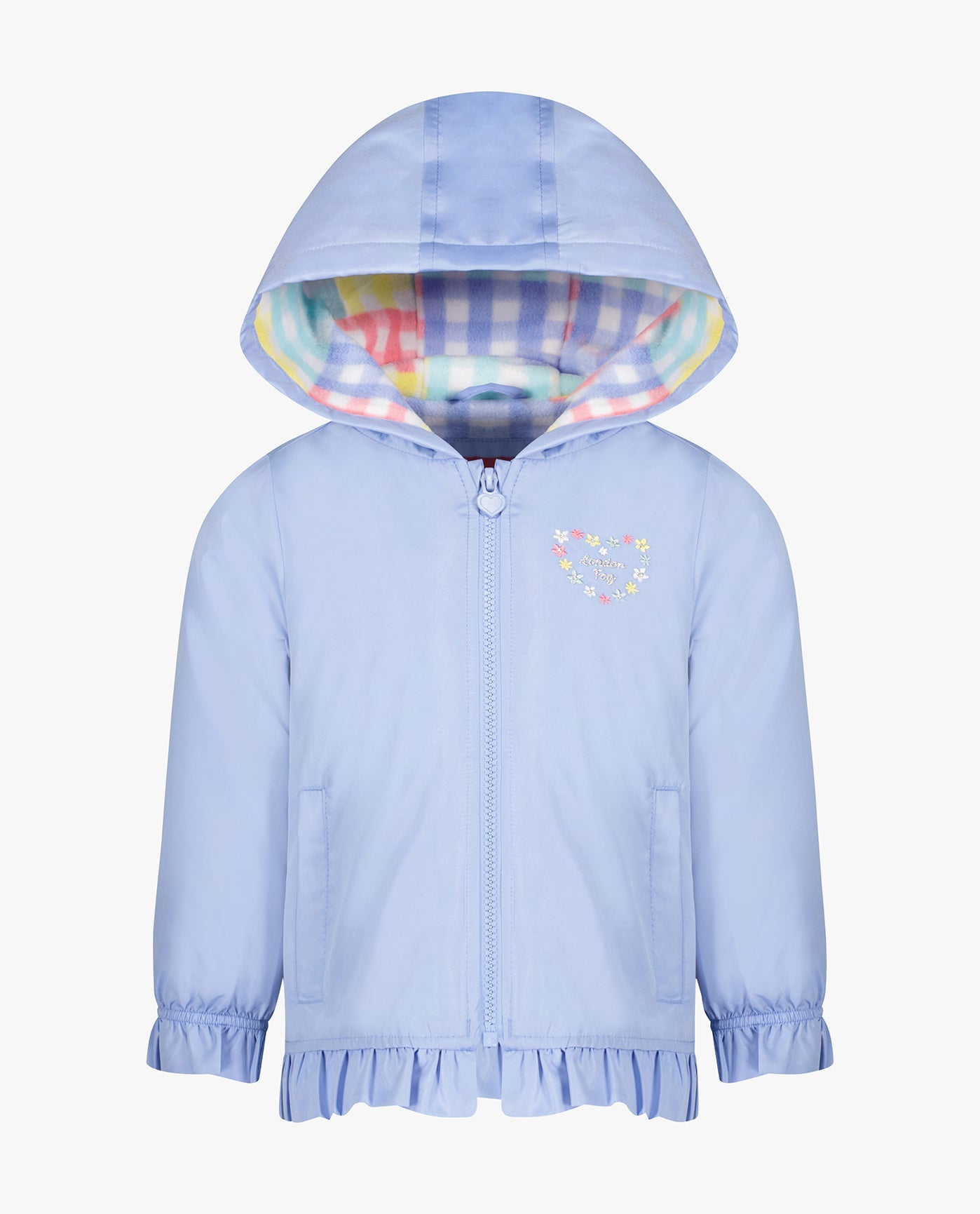 FRONT OF GIRLS SOLID ZIP FRONT HOODED RUFFLE RAINCOAT | PERI