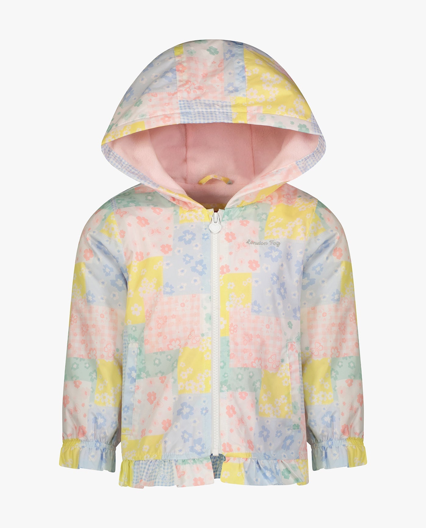 FRONT OF GIRLS PRINTED ZIP FRONT HOODED RUFFLE RAINCOAT | PRINT
