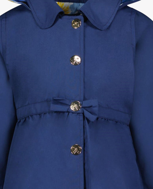 ZOOM DETAIL OF GIRLS SOLID SNAP FRONT COLLARED HOODED RAINCOAT WITH BOW | NAVY