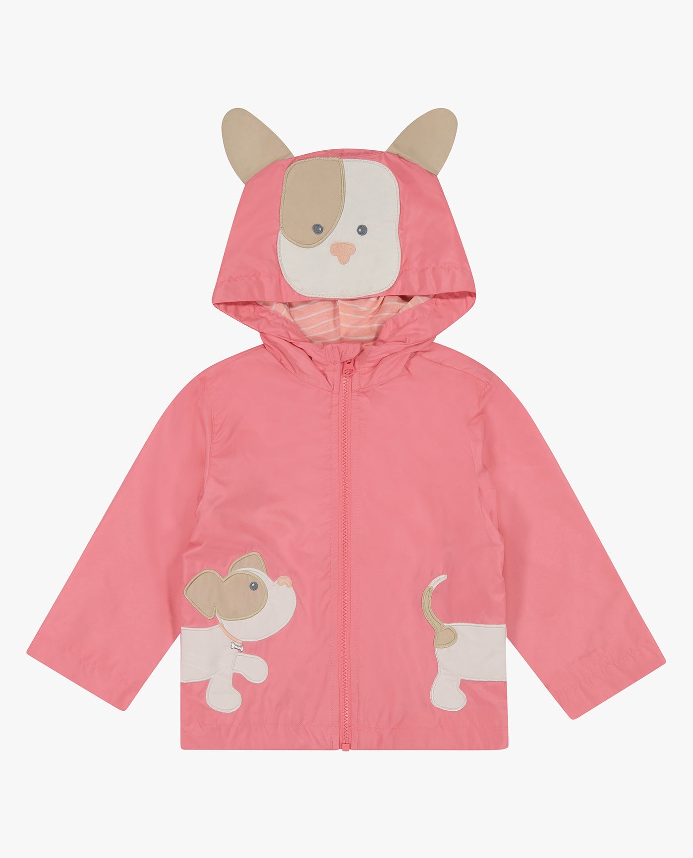 FRONT OF BABY GIRLS PUPPY ZIP FRONT HOODED RAINCOAT | PINK