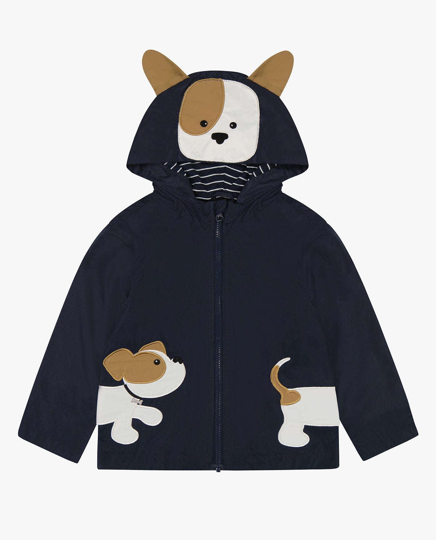 FRONT OF BABY BOYS PUPPY ZIP FRONT HOODED RAINCOAT | NAVY