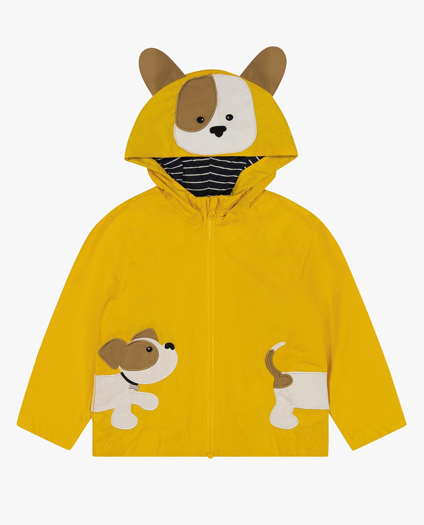 FRONT OF BABY BOYS PUPPY ZIP FRONT HOODED RAINCOAT | YELLOW