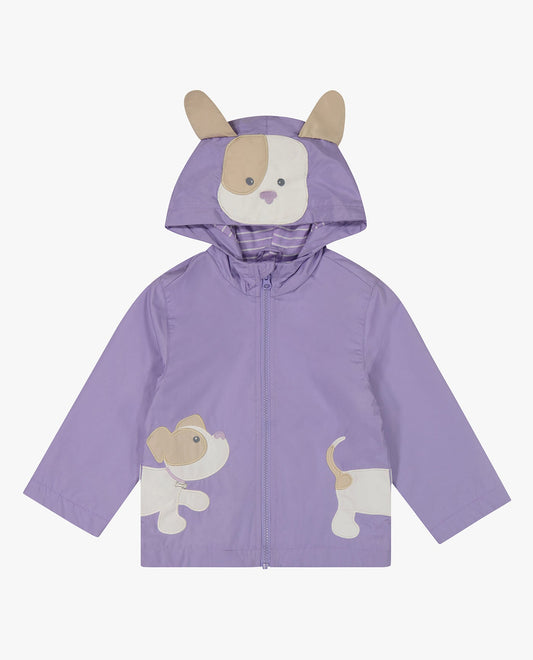 FRONT OF GIRLS PUPPY ZIP FRONT HOODED RAINCOAT | LILAC