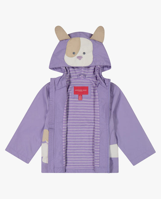 ALT VIEW OF GIRLS PUPPY ZIP FRONT HOODED RAINCOAT | LILAC