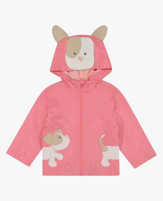 FRONT OF GIRLS PUPPY ZIP FRONT HOODED RAINCOAT | PINK