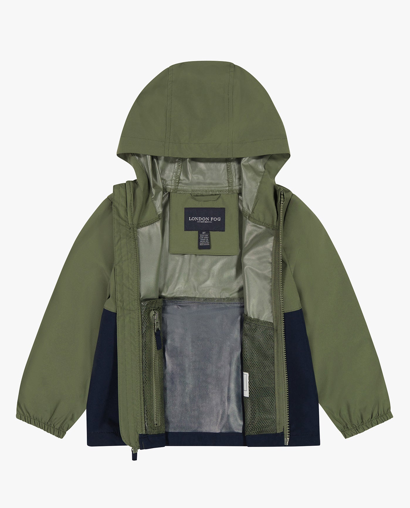 ALT VIEW OF ZIP FRONT HOODED TWO-TONE RAINCOAT | OLIVE DRAB