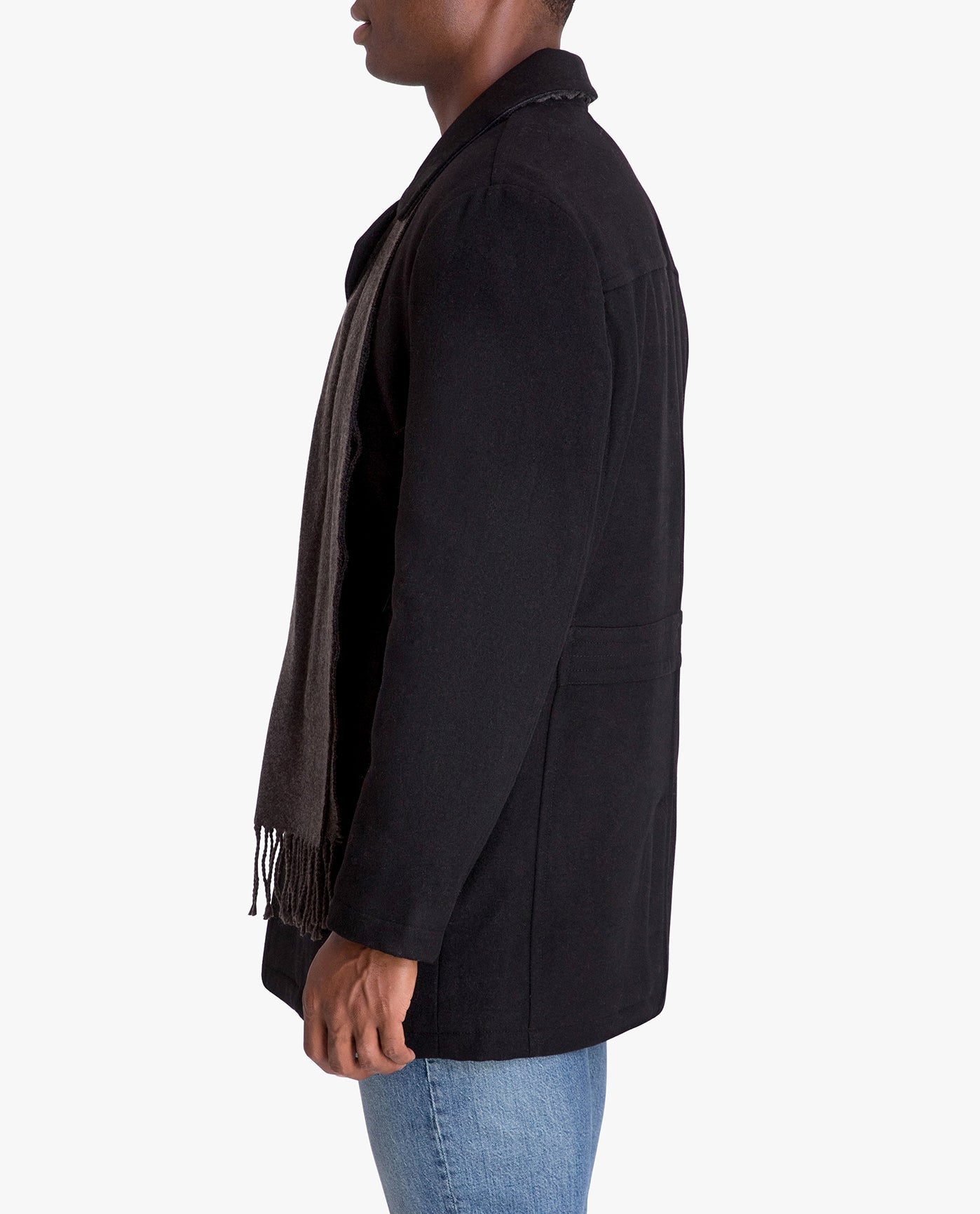 SIDE VIEW OF AMITY SINGLE BREASTED WOOL JACKET | BLACK