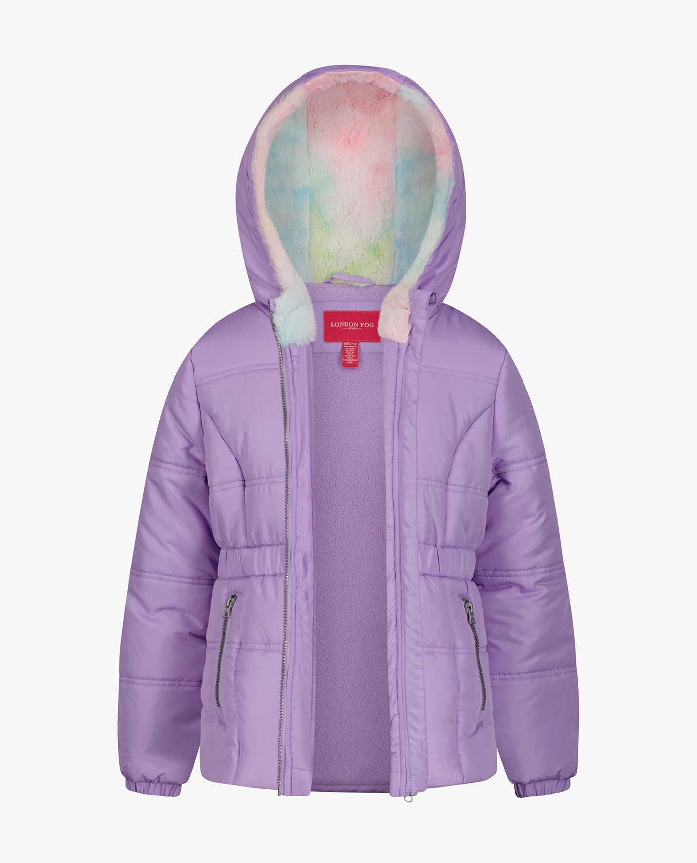 OPEN VIEW OF BABY GIRLS ZIP-FRONT HOODED MID CINCH PUFFER | LILAC
