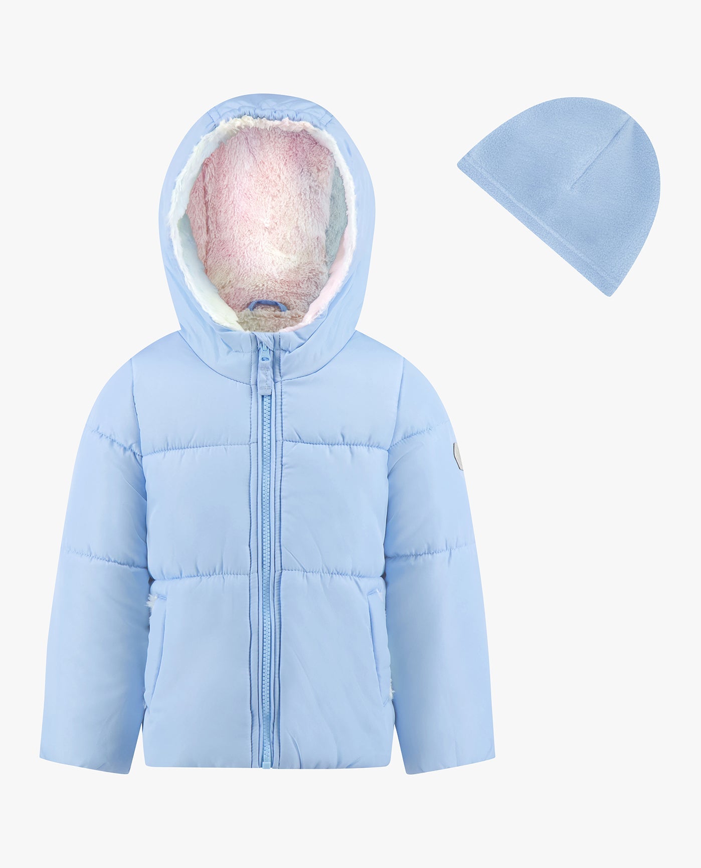 FRONT VIEW OF BABY GIRLS ZIP-FRONT HOODED LOOSE FIT PUFFER | LIGHT BLUE