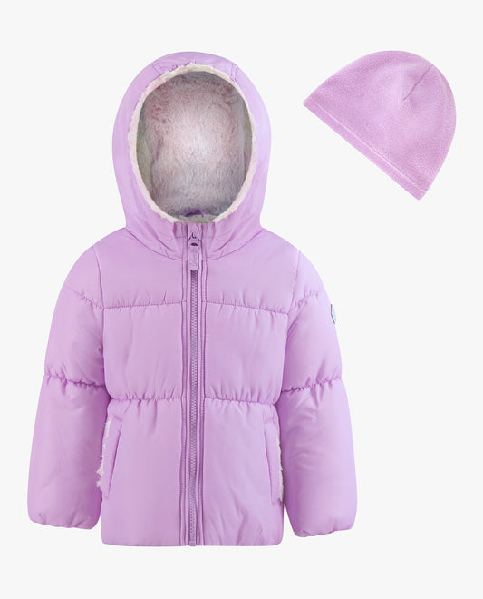 FRONT VIEW OF BABY GIRLS ZIP-FRONT HOODED LOOSE FIT PUFFER | LILAC