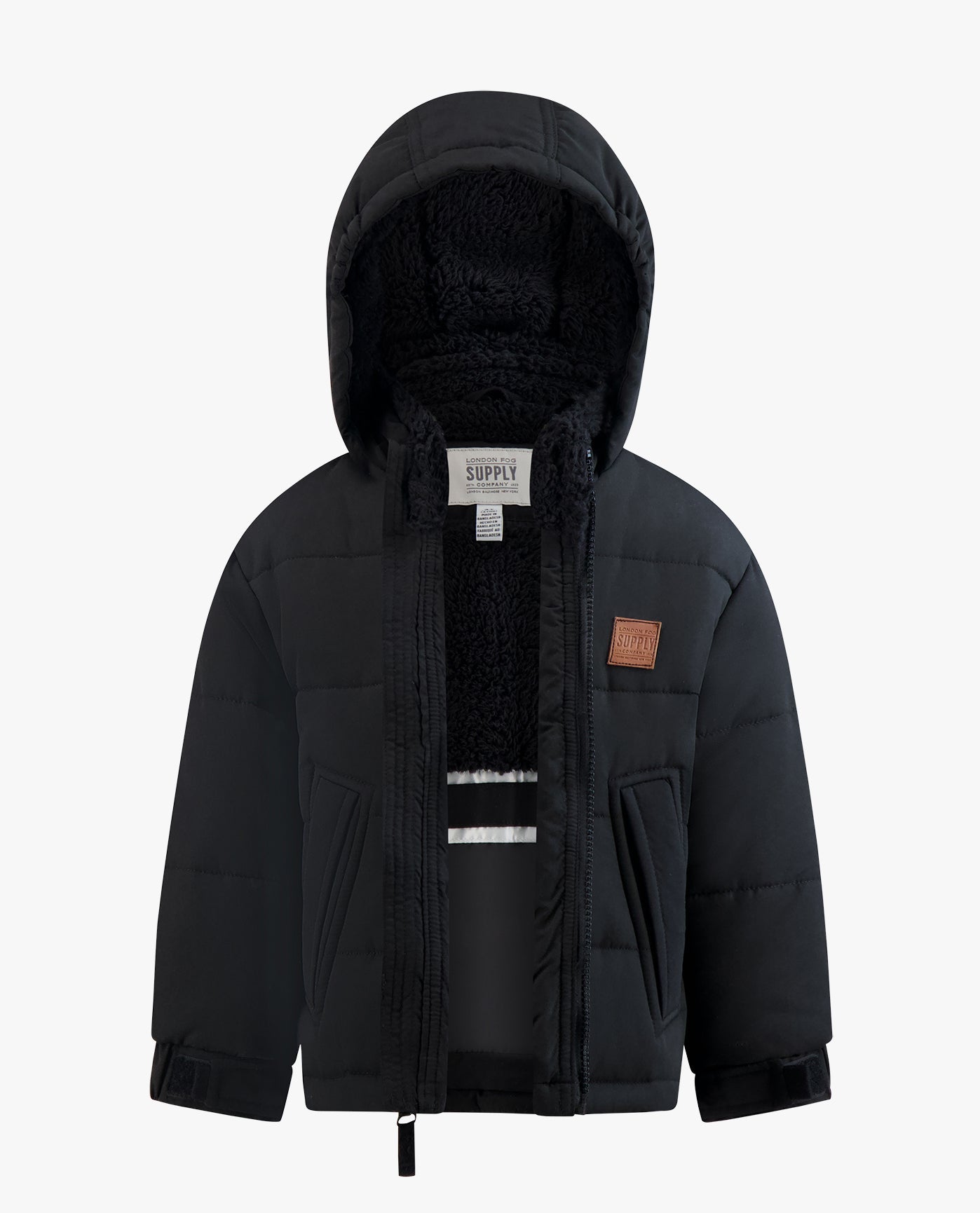 OPEN VIEW OF BABY BOYS ZIP-FRONT HOODED SHERPA LINED PUFFER | BLACK