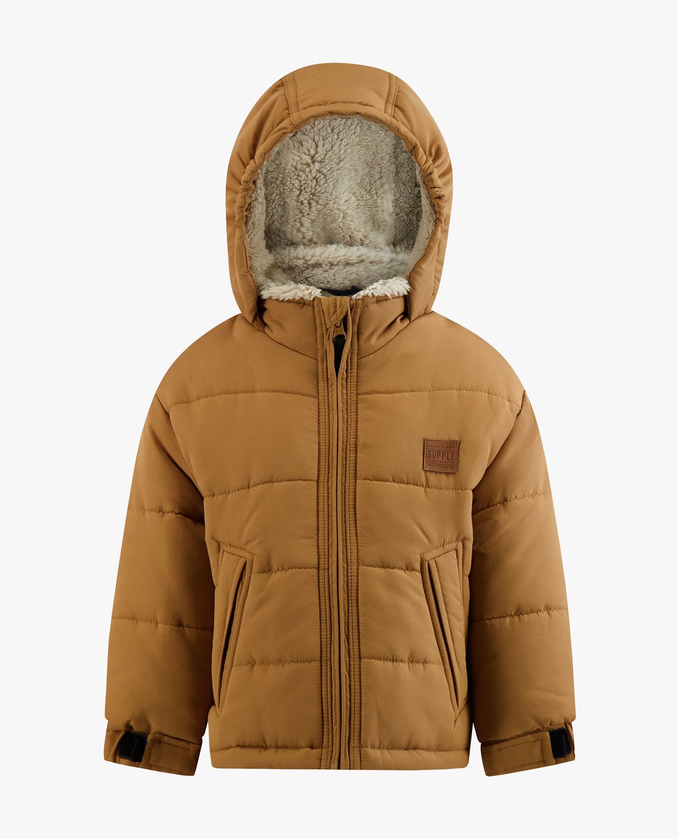 FRONT VIEW OF BABY BOYS ZIP-FRONT HOODED SHERPA LINED PUFFER| TAN