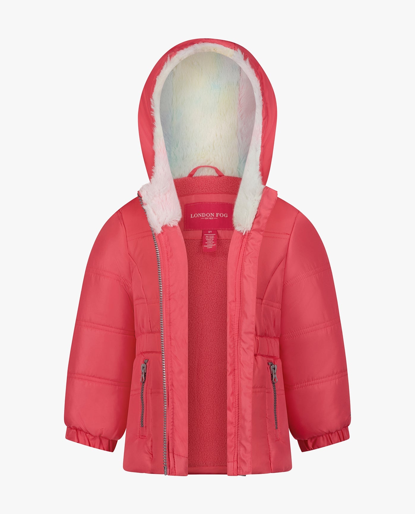 OPEN VIEW OF TODDLER GIRLS ZIP-FRONT HOODED MID CINCH PUFFER | FUCHSIA