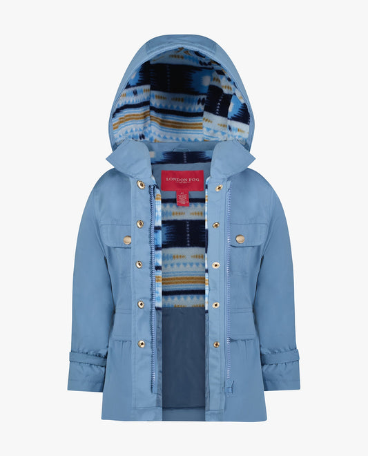 OPEN VIEW OF TODDLER GIRLS SNAP-FRONT SKIRTED TRENCH WITH HOOD | BLUE