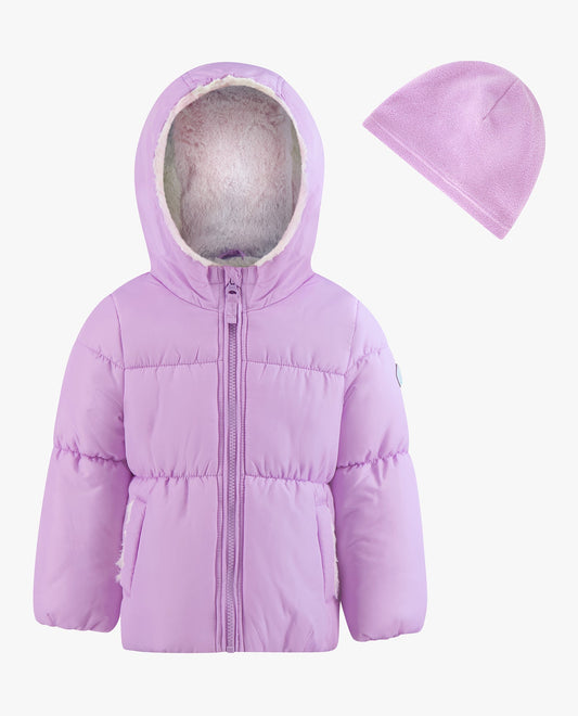 FRONT VIEW OF TODDLER GIRLS ZIP-FRONT HOODED LOOSE FIT PUFFER | LILAC