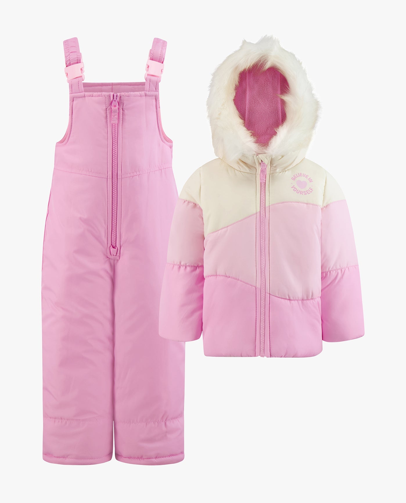 MAIN IMAGE OF TODDLER GIRLS ZIP-FRONT COLOR BLOCK JACKET AND OVERALL SNOW PANT | PINK