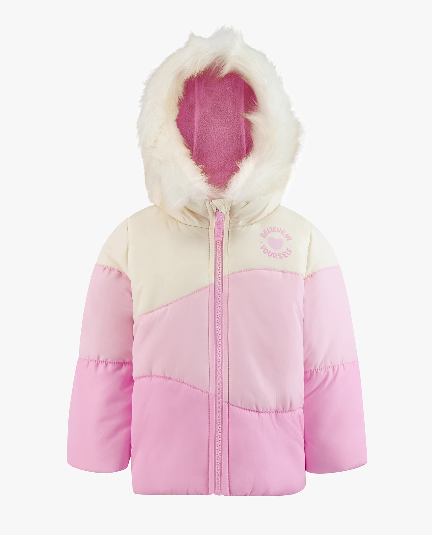 CLOSED VIEW OF TODDLER GIRLS ZIP-FRONT COLOR BLOCK JACKET AND OVERALL SNOW PANT | PINK