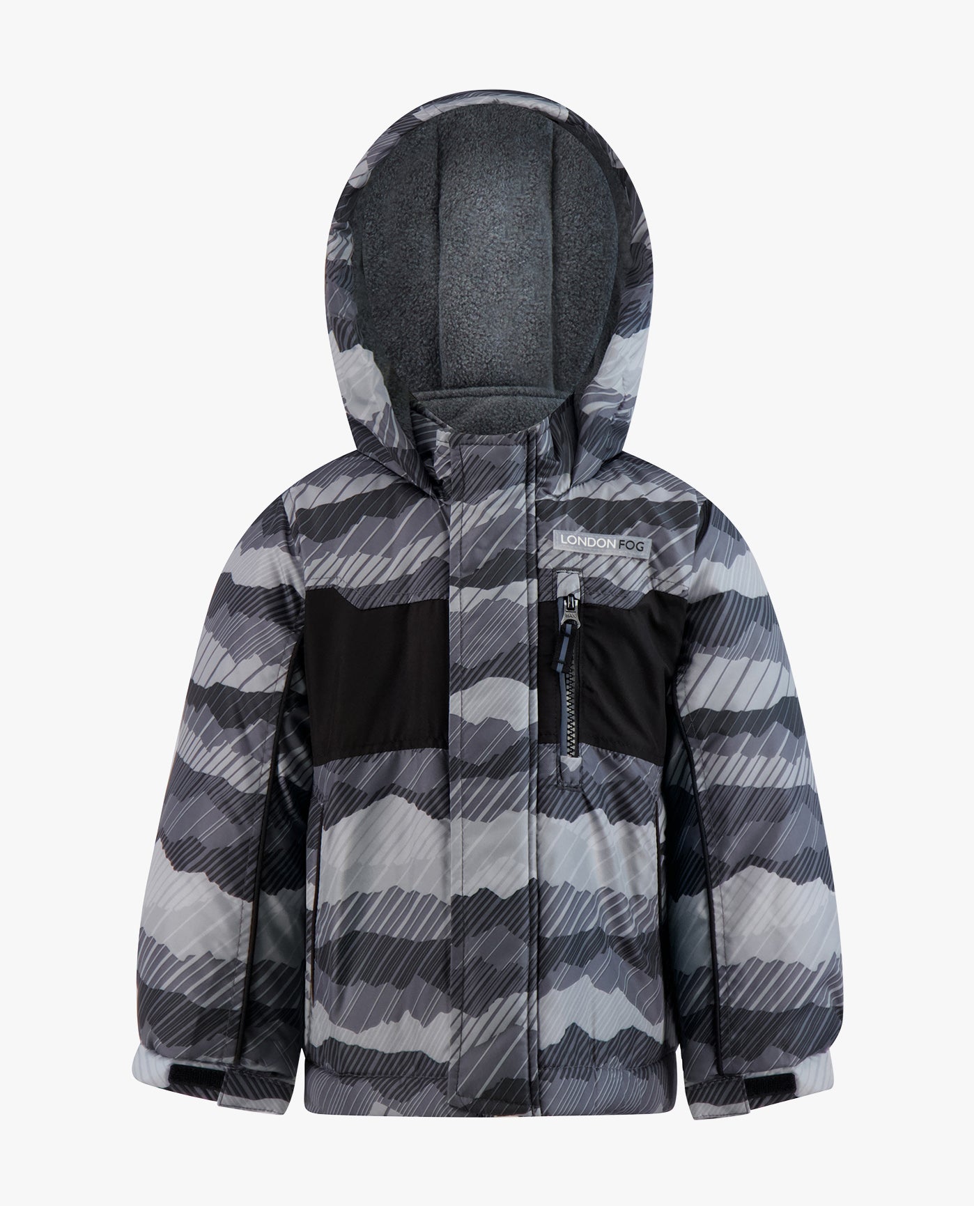 FRONT VIEW OF TODDLER BOYS ZIP-FRONT HOODED JACKET WITH OVERALL SNOW PANT | GREY PRINT
