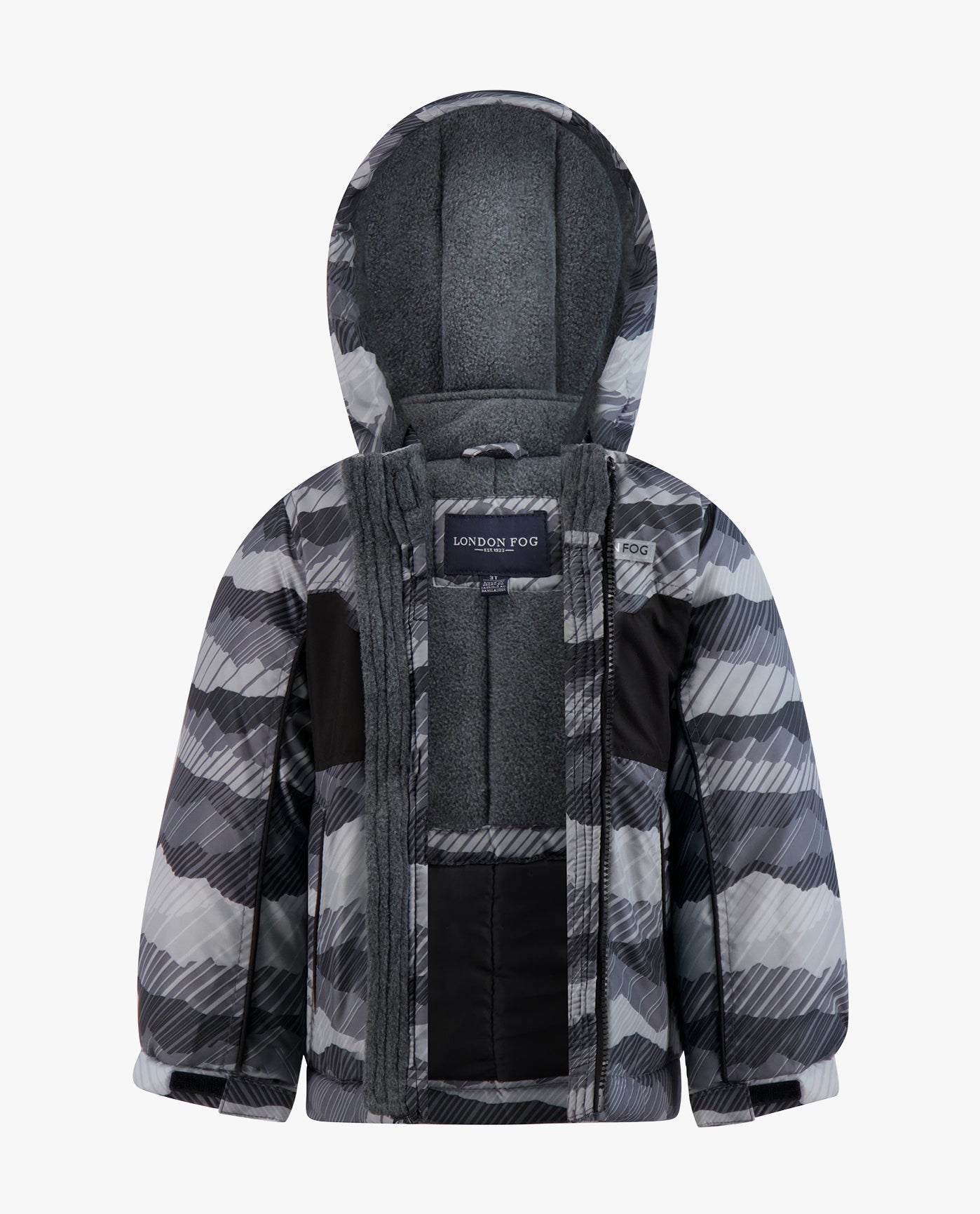 OPEN VIEW OF TODDLER BOYS ZIP-FRONT HOODED JACKET WITH OVERALL SNOW PANT | GREY PRINT